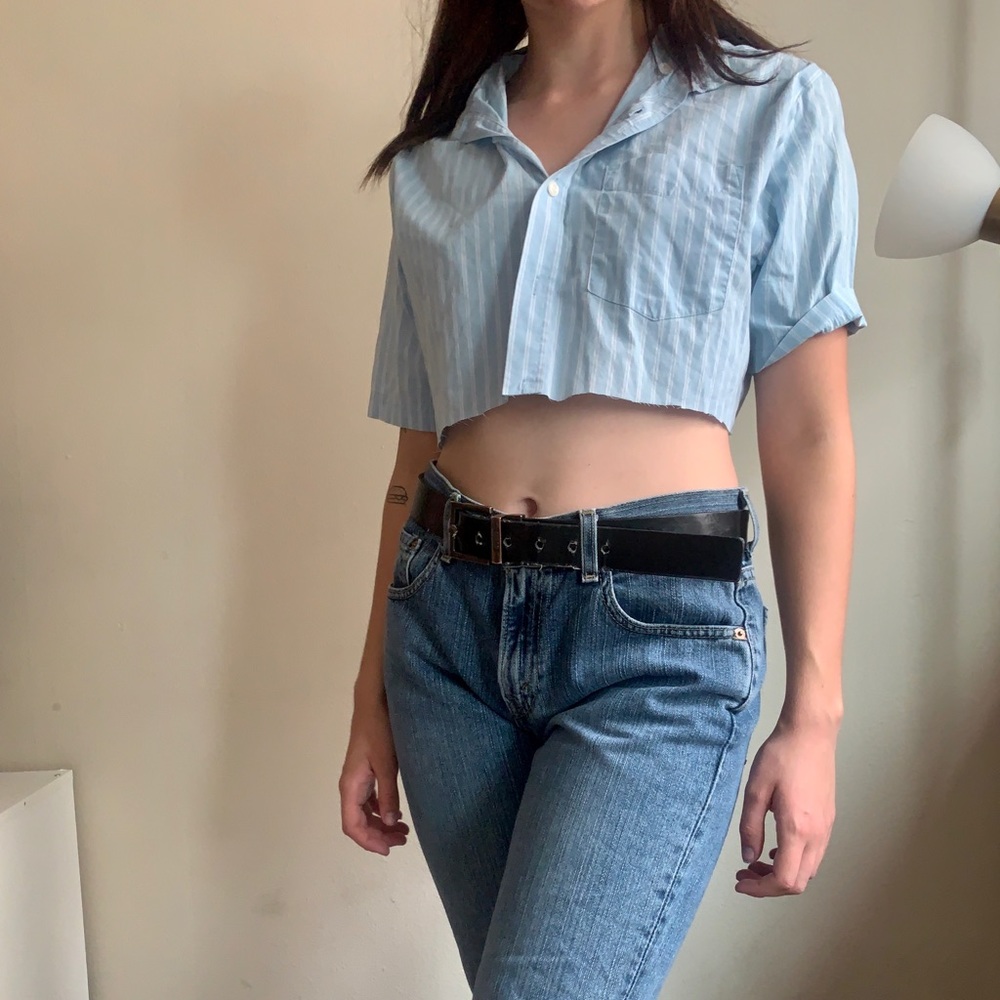 cropped blue button up